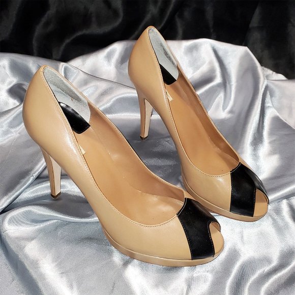 MAX STUDIO camel tan black open toe high heel pumps SZ 9 - xecutive - Picture 2 of 5